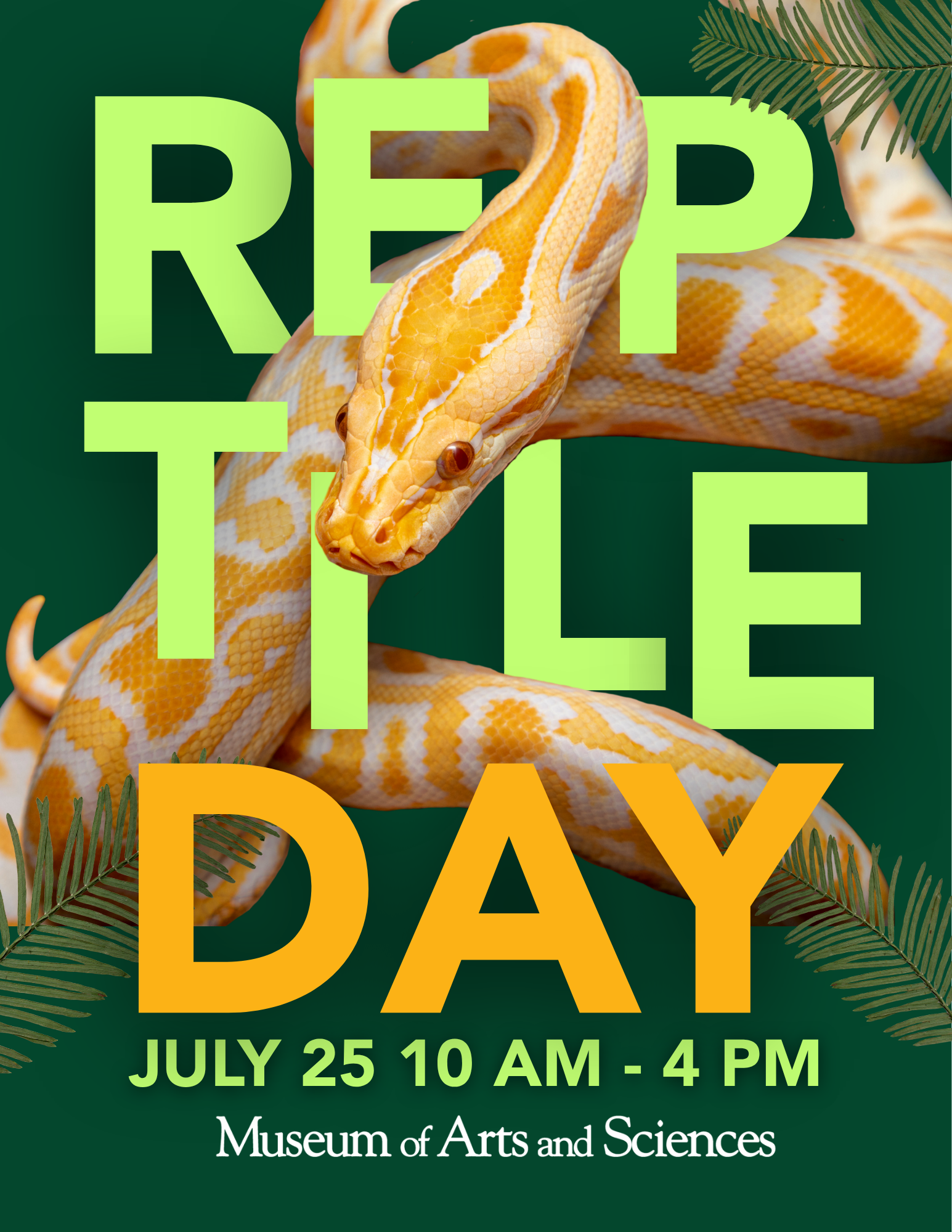 Reptile Day written in bright text with a snake intertwined in the letters.